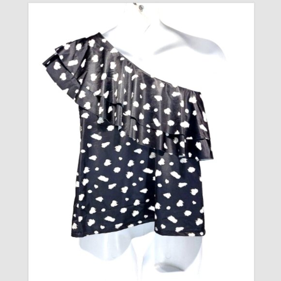 NWOT Cacique Relaxed One-Shoulder Ruffled No-Wire Swim Tankini Top Black 12 - Picture 2 of 2